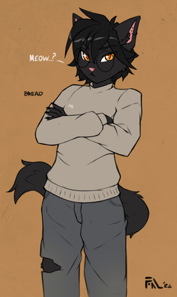 anthro black_body black_fur bottomwear claws clothing crossed_arms denim denim_bottomwear denim_clothing ear_piercing eyewear finger_claws fingerpads fluffy fluffy_tail fur glasses hair inner_ear_fluff jeans male orange_eyes oversized_bottomwear oversized_clothing oversized_pants pants pawpads piercing pink_nose question_mark round_glasses serious serious_face solo spiky_hair standing studs sweater tail topwear torn_bottomwear torn_clothing torn_jeans torn_pants tuft fluffyminx domestic_cat felid feline felis mammal hi_res