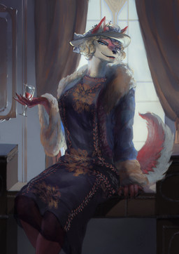 1920s_theme anthro blonde_hair blue_eyes clothing container cup curtains dress drinking_glass dyed_fur female flower_hat fur glass glass_container glass_cup hair lipstick looking_at_viewer makeup pink_body pink_fur solo white_body white_fur window wine_glass youngjinja lollipop_(theskokster) canid canine fox mammal red_fox true_fox absurd_res hi_res huge_filesize