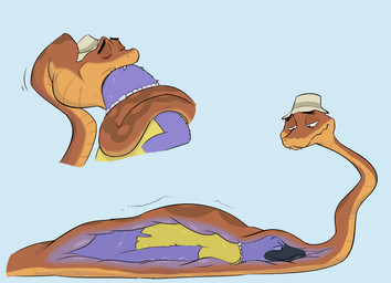 abdominal_bulge ambiguous_gender anthro apode biped blue_body bodily_fluids brown_body brown_scales clothing duo eyes_closed fangs feral gem hat head_first headgear headwear internal jewelry legless lying necklace on_front oral_vore pearl_(gem) pearl_necklace saliva scales serpentine serpentine_vore simple_background smile soft_vore teeth vore willing_prey x-ray_view da~blueguy dreamworks the_bad_guys doom_(the_bad_guys) mr._snake_(the_bad_guys) avian bird corvid corvus_(genus) draconcopode oscine passerine raven reptile scalie snake 2024 female_(lore) male_(lore)