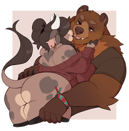 accessory anthro big_breasts big_butt border braided_pigtails breasts brown_clothing brown_hair brown_shirt brown_topwear butt clothing clothing_pull duo ear_piercing ear_ring facial_piercing female hair hair_accessory hair_bun hair_tie hand_on_butt hand_on_cheek heart_(marking) hoop_ear_ring horn kissing kissing_cheek lips male male/female markings nose_piercing nose_ring outline piercing red_clothing red_sweater red_topwear ring_piercing shirt sweater tail thick_bottom_lip tied_hair topwear white_border white_outline punkinbuu blais bri_(punkinbuu) bear bovid bovine brown_bear cattle highland_cattle mammal ursine hi_res