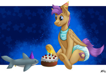 ageplay bib birthday_cake cake clothed clothing dessert diaper feral food happy infantilism male plushie roleplay solo wearing_diaper wings wittleskaj hasbro ikea my_little_pony mythology blahaj bulwark_(ailoy4) equid equine fish horse mammal marine mythological_creature mythological_equine pegasus pony shark absurd_res hi_res