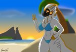 anthro beach bikini breasts clothed clothing female fluffy fur gesture hair hand_gesture happy looking_at_viewer machine protogen_face protogen_visor solo sunny sunset swimwear tail tuft two-piece_swimsuit v_sign spaceg3n my_furry_protogen juno_(my_furry_protogen) protogen absurd_res hi_res