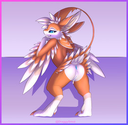 animal_genitalia anthro anus bedroom_eyes blue_eyes blush butt claws feathers fur genital_slit genitals looking_at_viewer looking_back looking_back_at_viewer male multi_ear narrowed_eyes nude orange_body orange_fur paws presenting presenting_hindquarters raised_tail rear_view seductive simple_background slim smile smiling_at_viewer smirk sparkles standing tail white_body white_fur draggyavali draggy_(draggysmut) avali avian digital_drawing_(artwork) digital_media_(artwork) hi_res signature