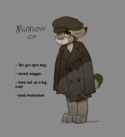 anthro beggar brown_eyes clothing flat_cap grey_background hat headgear headwear holes_in_clothing male messy_clothing overalls overalls_only overcoat poor simple_background solo standing text torn_clothing young young_male skidoo minnow_(skidoo) felid feline lynx mammal english_text hi_res model_sheet