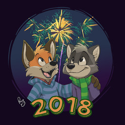 anthro blue_clothing blue_hoodie blue_topwear closed_smile clothed clothing duo fireworks fur glistening glistening_eyes green_scarf grey_body grey_fur hoodie logo looking_up male male_anthro mouth_closed open_mouth open_smile orange_body orange_fur pattern_clothing pattern_hoodie pattern_scarf pattern_topwear purple_clothing purple_topwear scarf smile striped_clothing striped_hoodie striped_scarf striped_topwear stripes tan_body tan_fur topwear young young_anthro young_male pandapaco art_(pandapaco) biro_(pandapaco) canid canine fox mammal procyonid raccoon 2018 artist_logo signature