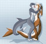 after_transformation anthro bathroom_tiles big_breasts bodily_fluids breast_play breast_squish breasts brown_body brown_fur butt drooling drooling_on_partner drooling_tongue duo fangs female female/female floppy_ears french_kissing fur grey_body grey_fur grey_hair hair hand_holding kissing licking licking_tongue nude pointy_ears saliva saliva_on_tongue saliva_string snout squish tail teeth tongue transformation white_body white_fur white_hair narusewolf canid canine fish hybrid mammal marine shark comic hi_res