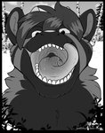 ambiguous_form ambiguous_gender anthro black_border black_eyes bodily_fluids border cheek_tuft cloud detailed_background eyebrows facial_tuft fangs front_view fur fur_markings fur_tuft grey_text hair head_tuft horn hungry inner_ear_fluff licking licking_lips licking_own_lips looking_at_viewer markings mouth_shot multicolored_body multicolored_fur neck_tuft nude open_mouth outside plant saliva saliva_string self_lick short_hair shrub sky small_horn solo striped_body striped_fur stripes teeth text tongue tongue_out tree tuft two_tone_body two_tone_fur charu mythology dacorin_(neopagan) dragon furred_dragon furred_scalie mythological_creature mythological_scalie scalie 2020 bust_portrait digital_drawing_(artwork) digital_media_(artwork) greyscale hi_res monochrome portrait url watermark