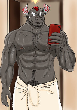 abs bath bulge electronics horn male mirror muscular muscular_male navel nipples pecs phone pubes scar selfie solo towel towel_only fu_ren_chi lifewonders tokyo_afterschool_summoners gyumao_(tas) bovid bovine mammal 2019