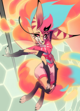 4_arms anthro bottomwear butt clothing female fingers fur hair multi_arm multi_limb multicolored_body multicolored_fur multicolored_hair pole shorts solo topwear lauka2 hellaverse helluva_boss queen_bee-lzebub_(helluva_boss) arthropod canid canine demon fox hybrid insect mammal 2023 digital_media_(artwork) hi_res