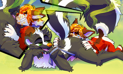 3_fingers anus black_body black_fur brown_eyes butt butt_grab butt_sniffing duo fingers fur green_eyes hand_on_butt leash leash_pull looking_at_another looking_back looking_back_at_another male male/male red_body red_fur skunk_spray skunk_tail sniffing stink_fumes stink_lines white_body crownedvictory canid canine mammal mephitid skunk 2026 absurd_res hi_res