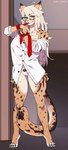 anthro bottomless bottomless_female claws clothed clothing dress_shirt female footprint fur genitals hair inner_ear_fluff inside markings necktie necktie_in_mouth pawprint pawprint_(marking) pussy shirt smile solo spots spotted_body spotted_fur standing standing_in_doorway toe_claws topwear tuft white_hair yellow_body yellow_fur gekko-seishin tara_(spacecamper) cheetah felid feline mammal 2023 hi_res