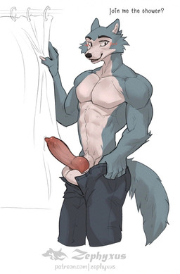 animal_genitalia animal_penis anthro athletic athletic_anthro athletic_male biped blush blush_lines bottomwear canine_genitalia canine_penis claws clothed clothing dialogue erection finger_claws fur genitals grey_body grey_fur knot male male_anthro multicolored_body multicolored_fur muscular open_bottomwear open_clothing open_pants pants penis red_penis smile smiling_at_viewer solo talking_to_viewer text topless topless_anthro topless_male two_tone_body two_tone_fur white_body white_fur zephyxus beastars legoshi_(beastars) canid canine canis mammal wolf 2026 digital_media_(artwork) english_text