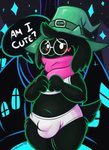 anthro blush bra bulge clothing dialogue eyewear glasses hat headgear headwear looking_at_viewer male panties scarf solo sports_bra standing text underwear leo_llama deltarune undertale_(series) ralsei bovid caprine goat mammal absurd_res english_text hi_res