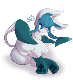 3_toes ambiguous_gender black_nose blue_eyes blue_hair blue_inner_ear blue_sclera blush bodily_fluids butt featureless_crotch feet feral fur green_hair green_markings green_pawpads green_tail hair hindpaw iris leg_markings looking_at_viewer looking_back looking_back_at_viewer lying markings multicolored_hair on_side open_mouth pawpads paws pupils quadruped rear_view simple_background socks_(marking) solo surprised sweat sweatdrop tail toes two_tone_hair two_tone_tail white_background white_body white_ears white_fur white_pupils white_tail nyaswitchnya nintendo pokemon eeveelution generation_4_pokemon glaceon pokemon_(species) shiny_pokemon 2020 digital_media_(artwork) full-length_portrait hi_res portrait signature