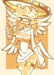1_eye big_breasts bottomless bottomwear breasts cleavage_cutout clothed clothing coffee_mug cutout eyelashes feathered_wings feathers female fire flaming_hair half-closed_eyes huge_breasts jewelry legband long_sleeves mouthless multi_wing narrowed_eyes pseudo_hair small_waist solo sweater sweater_only thighband topwear topwear_only wide_hips wings yellow_body yellow_eyes notyoursagittarius angel_girl_(notyoursagittarius) angel biblically_accurate_angel humanoid ophan hi_res