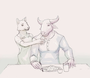 anthro bread breakfast duo food male romantic romantic_couple simple_background size_difference 9x9 lena_lardoon liber_souvlakia bovid bovine canid canine dhole mammal true_buffalo water_buffalo