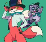 anthro clothed clothing cute_fangs duo fangs fur green_background grey_body grey_fur hat headgear headwear humanoid_hands male red_body red_fur simple_background slightly_chubby teeth c2ndy2c1d junkmixart cartoon_network mao_mao:_heroes_of_pure_heart reggie_(mao_mao) rufus_(mao_mao) canid canine fox mammal procyonid raccoon 2019