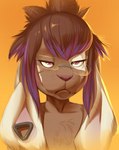 2020 angry annoyed anthro brown_hair bust_portrait chest_tuft ear_piercing eyewear floppy_ears front_view frown frowning_at_viewer furgonomics furry-specific_piercing gauged_ear glasses glasses_askew gradient_background hair half-closed_eyes hi_res highlights_(coloring) icon lagomorph leporid looking_at_viewer male mammal narrowed_eyes piercing pink_eyes pink_nose ponytail portrait purple_highlights rabbit scowl sethpup simple_background sleepy_(sleepylp) solo tuft upset