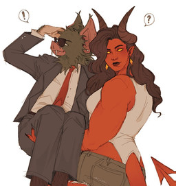 biped duo eyewear female for_a_head hair humanoid_pointy_ears lips long_hair male pointy_ears red_body red_skin red_tail simple_background sunglasses tail white_background white_eyes yellow_eyes cntpdi dispatch malevola_gibb sonar_(dispatch) animal_head animal_humanoid bat demon humanoid mammal signature