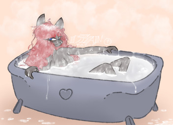 areola bathtub black_nose blue_eyes bodily_fluids breasts bubble bukkake clothing cum cum_bath cum_bubble cum_drip cum_in_hair cum_on_body cum_on_ear cum_on_leg cum_on_tail cum_string cumshot curly_hair dripping ejaculation excessive_cum excessive_genital_fluids eyebrows female fur genital_fluids genitals grey_body grey_fur hair handwear long_hair looking_pleasured makeup masturbation nipple_outline nipples nude partially_submerged pink_areola pink_nipples red_hair ruined_makeup smug smug_face smug_grin solo steam tail text djannetur djannetur_(character) canid canine canis mammal wolf 2025 english_text signature nonbinary_(lore)