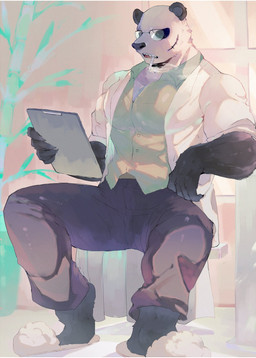 5_fingers anthro biped black_body black_fur black_nose bottomwear cigarette clothed clothing eyewear facial_scar fingers fur glasses humanoid_hands male multicolored_body multicolored_fur muscular muscular_anthro muscular_male scar smoking solo topwear two_tone_body two_tone_fur white_body white_fur dokiizz beastars gouhin_(beastars) bear giant_panda mammal hi_res