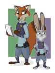 anthro clothing crossgender duo female fur grey_body grey_fur male notebook police police_uniform red_body red_fur simple_background uniform anothercolouranon disney zootopia judy_hopps nick_wilde canid canine fox lagomorph leporid mammal rabbit red_fox true_fox hi_res