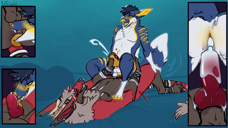 anal anal_penetration animal_genitalia animal_penis anthro anthro_on_anthro anthro_penetrated anthro_penetrating anthro_penetrating_anthro anus balls blue_body blue_fur blush bodily_fluids canine_genitalia canine_penis close-up cowgirl_position cum cum_from_ass cum_in_ass cum_inside cum_on_chest cum_on_penis cum_while_penetrated cumshot cutaway dipstick_tail dripping duo ear_piercing ejaculation erection from_front_position fur gauged_ear genital_fluids genitals grey_body grey_fur handjob handjob_while_penetrating hooves horn knot knotted_penis knotting leaking_cum licking lying male male/male male_anthro male_penetrated male_penetrating male_penetrating_male markings nude nude_anthro nude_male on_back on_bottom on_top open_mouth oral penetration penile penile_penetration penis penis_in_ass penis_lick piercing precum precum_drip red_body red_fur red_penis rimming sex sheath slightly_chubby slightly_chubby_anthro slightly_chubby_male smile tail tail_markings teeth tongue tongue_out white_body white_fur yellow_body yellow_eyes yellow_fur yellow_penis meldritchhorror mythology asmodeus_(character) canid canid_demon canine demon fox hellhound mammal mythological_canine mythological_creature 2018 absurd_res hi_res