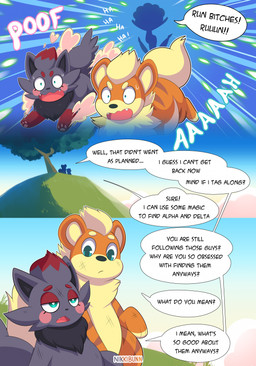 ambiguous_gender black_body black_fur black_nose black_tail blush bodily_fluids cute_fangs dialogue exclamation_point fangs feral fur green_eyes group orange_body orange_fur pawpads profanity quadruped sound_effects speech_bubble sweat tail tan_tail teeth text trio nikkibunn nintendo pokemon gunther_(mating_season) florges generation_1_pokemon generation_5_pokemon generation_6_pokemon growlithe pokemon_(species) zorua 2025 comic english_text hi_res