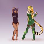 amber_eyes anthro armor barefoot blonde_hair bottomless clothed clothing clothing_pull duo feet female fur gradient_background hair long_hair long_shirt orange_body orange_fur pose purple_eyes purple_hair shirt shirt_pull simple_background spots standing text topwear topwear_pull white_body white_fur yellow_body yellow_fur scorpdk leto_(scorpdk) mihari cheetah felid feline lagomorph leporid mammal rabbit 1:1 digital_media_(artwork) english_text hi_res