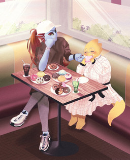 anthro anthro_on_anthro barefoot baseball_cap beverage blue_body blue_scales blush booth_seating bottomwear bracelet breasts buckteeth clothed clothing dessert detailed_background doughnut dress duo eating eye_patch eyes_closed eyewear feet female female/female food footwear fully_clothed furniture glasses hair hat headgear headwear jewelry long_hair looking_at_another looking_at_partner non-mammal_breasts overbite pants pastry plant plate ponytail red_eyes red_hair restaurant ribbons romantic romantic_couple scales sharp_teeth shirt shoes shrub sitting smile sneakers soda table tail teeth thick_tail topwear waist_ribbon window yellow_body yellow_scales yellow_sclera asagi_009c9e undertale undertale_(series) alphys undyne aquatic fish lizard reptile scalie hi_res