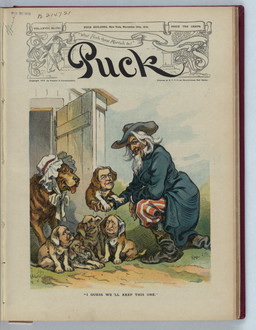 bard beard black_text blue_sky bonnet bottomwear caption clothing eyewear facial_hair female feral glasses grass group hair hat headgear headwear humanoid_face kneeling label looking_at_viewer male mustache on_one_knee pants pattern_bottomwear pattern_clothing pattern_pants plant political_cartoon politics quadruped sky smile striped_bottomwear striped_clothing striped_pants stripes text tongue tongue_out wearing_glasses white_beard white_facial_hair white_hair young young_humanoid udo_keppler public_domain puck_(magazine) eugene_foss john_alden_dix judson_harmon simeon_baldwin uncle_sam woodrow_wilson animal_humanoid canid canid_humanoid canine canine_humanoid canis dog_humanoid domestic_dog human humanoid mammal mammal_humanoid 1910 20th_century absurd_res ancient_art character_request english_text hi_res signature traditional_media_(artwork)