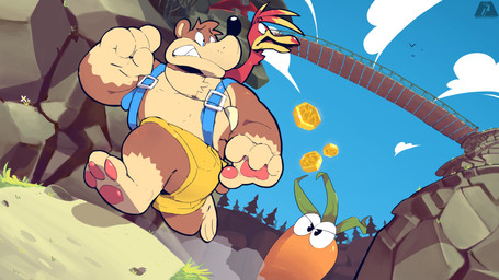 backpack black_nose blue_eyes bottomwear bridge brown_body brown_fur carrot clothed clothing cloud countershading feathers female food fur grass group head_tuft honeycomb jewelry looking_back low-angle_view male muscular necklace open_mouth pawpads plant red_body red_feathers rock running scared shorts sky teeth topless tree tuft vegetable bennycartoonist banjo-kazooie rareware banjo_(banjo-kazooie) kazooie animate_inanimate avian bear breegull mammal 2020 absurd_res hi_res signature
