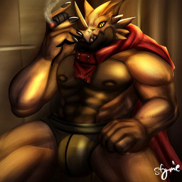 anthro bulge cape cigar clothing jockstrap male male/male muscular muscular_anthro nipples pecs sitting smoking smoking_cigar solo underwear warm stymieg101 bandai_namco digimon digimon_(species) hackmon scalie 1:1 absurd_res hi_res warm_colors