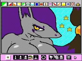 anthro breasts female fur grey_body grey_fur hair long_ears long_hair looking_at_viewer purple_hair screencap simple_background sky_blue_background smile solo star yellow_eyes rodricoro mario_paint nintendo pokemon generation_5_pokemon pokemon_(species) zoroark bust_portrait digital_media_(artwork) dithering mario_paint_(artwork) portrait