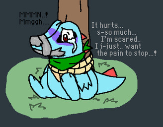 ambiguous_gender asphyxiation bodily_fluids bound crying cyanosis duct_tape feral gag imminent_death rope scared sitting solo tape tape_gag tears text quicksans nintendo pokemon generation_2_pokemon pokemon_(species) totodile english_description english_text story story_in_description