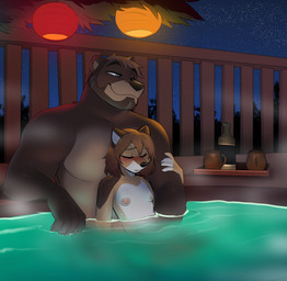 anthro anthro_on_anthro black_nose breasts brown_body brown_fur brown_hair duo female fur hair hot_tub interspecies larger_male looking_pleasured male male/female multicolored_body multicolored_fur night nipples nude nude_anthro nude_female nude_male size_difference skinny_dipping small_breasts smaller_female smile steam two_tone_body two_tone_fur water white_body white_fur jailbird hogan_(lphogan) jb_(jailbird) bear canid canine canis coyote mammal