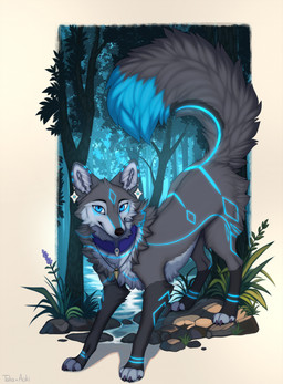 ambiguous_gender blue_eyes claws collar detailed_background ear_piercing ear_ring feral flower forest forest_background fur grass grey_body grey_fur jewelry looking_at_viewer markings nature nature_background piercing plant ring_piercing river smile solo tail text tree white_body white_fur a.o.kigahara_(artist) taka_(artist) canid canine canis mammal wolf 2026 artist_collaboration artist_name colored detailed digital_drawing_(artwork) digital_media_(artwork) digital_painting_(artwork) hi_res painting_(artwork) shaded