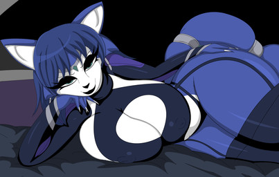 accessory anthro anthro_on_side bed bedroom_eyes big_breasts black_bra black_clothing black_eyeliner black_legwear black_lipstick black_makeup black_nose black_stockings black_thong black_underwear blue_body blue_ears blue_fur blue_hair blue_tail bodysuit bra breasts cheek_tuft claws clothed clothing covered_nipples covered_vulva eyeliner facial_tuft female female_anthro female_on_side fur furgonomics furniture green_eyes hair huge_breasts jewelry legwear lipstick looking_at_viewer lying makeup multicolored_body multicolored_ears multicolored_fur narrowed_eyes nipples_through_clothes on_side partially_clothed partially_clothed_anthro partially_clothed_female pose seductive silver_(metal) silver_jewelry skinsuit smile smiling_at_viewer solo spacesuit stockings tail tail_accessory tailband thick_thighs thong tight_clothing tribal tribal_jewelry tuft underwear white_body white_fur white_inner_ear cbear624 nintendo star_fox krystal_(star_fox) canid canine cerinian fox mammal 2026 absurd_res digital_drawing_(artwork) digital_media_(artwork) hi_res pinup