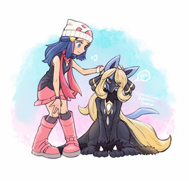 abstract_background accessory after_transformation anthro beanie black_body black_fur black_hair blonde_hair blue_body blue_eyes blue_fur boots bottomwear breasts clothed clothing coat crouching duo female footwear fur hair hair_accessory hat headgear headwear implied_transformation long_hair paws petting pokemon_champion red_eyes scarf semi-anthro shirt shoes skirt socks topwear pktricia nintendo pokemon cynthia_(pokemon) dawn_(pokemon) canid canine generation_4_pokemon human lucario mammal pokemon_(species) hi_res