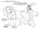 amanda_(tcitw) anthro arania bottomwear breasts cleavage clothed clothing dialogue duo english_text felid female feral fur hair herm_(lore) hi_res lagomorph leporid lion looking_back male male/female mammal pantherine rabbit skirt suki_(tcitw) tail tail_tuft text the_cabin_in_the_woods_(arania) torn_clothing tuft whiskers