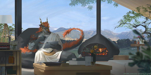3_horns amber_eyes anthro arm_markings book chest_markings claws clothed clothed_anthro clothed_male clothing container countershade_face countershade_neck countershade_scales countershade_tail countershade_torso countershading cup drinking_glass eyebrows facial_horn facial_spikes finger_claws fireplace flower furniture glass glass_container glass_cup grey_body grey_countershading grey_scales hair head_horn holding_object holding_tablet horn inside lamp leaf looking_at_object looking_at_tablet male mane markings mountain mouth_closed multi_horn nose_horn on_sofa orange_hair orange_mane orange_markings plant pupils scales shoulder_markings sitting sitting_on_sofa sky sofa solo spikes spikes_(anatomy) table tablet_computer tail tail_mane text toga tree whiskey_bottle white_clothing white_eyebrows white_sclera white_toga window wine_glass yellow_horn yellow_spikes awaldkize mythology iksiwen dragon mythological_creature mythological_scalie scalie wingless_dragon 2025 absurd_res artist_name dated digital_drawing_(artwork) digital_media_(artwork) hi_res portrait three-quarter_portrait