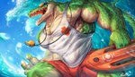 abs anthro beach biceps bottomwear claws clothing countershading eyewear eyewear_on_head goggles goggles_on_head green_body lifeguard male muscular muscular_anthro muscular_male open_mouth outside pecs pool_party seaside shirt shorts solo tank_top teeth topwear water whistle_(object) rabbity league_of_legends riot_games tencent pool_party_renekton renekton crocodile crocodilian reptile scalie 7:4 hi_res