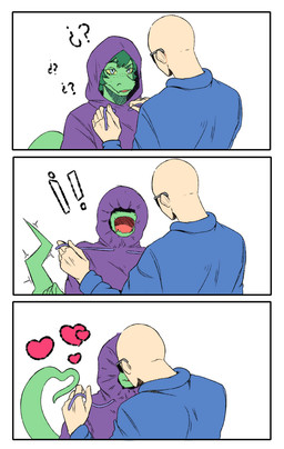 anthro bald blue_clothing blue_jacket blue_topwear clothing duo eyelashes eyewear female female_on_human freckled_face freckles green_body green_hair green_scales grey_eyes hair heart_symbol hoodie human_on_anthro interspecies jacket kissing light-skinned_male light_body light_skin long_tail male male/female male_on_anthro open_mouth purple_clothing purple_hoodie purple_topwear scales short_hair snout sunglasses tail topwear yellow_sclera third-party_edit yonstar_studios cavemanon_studios i_wani_hug_that_gator inco_(iwhtg) olivia_halford baryonyx dinosaur human mammal prehistoric_species reptile saurischian scalie spinosaurid theropod 2024 color_edit colored comic