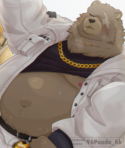 anthro belly black_clothing black_sclera black_shirt black_t-shirt black_topwear blush bodily_fluids bottomwear brown_body chain_necklace chastity_cage chastity_device cigarette clothed clothing eye_scar facial_scar jacket jewelry male moobs muscular muscular_sub navel necklace nipples open_bottomwear open_clothing open_pants overweight overweight_male pants raised_clothing raised_shirt raised_topwear scar shirt simple_background smoking solo submissive sweat t-shirt topwear white_background white_bottomwear white_clothing white_jacket white_pants white_topwear 96panda mihoyo zenless_zone_zero ben_bigger bear mammal 2024 absurd_res cropped hi_res signature