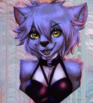 anthro black_nose blue_body blue_fur blue_hair breasts collar female fur green_eyes hair looking_at_viewer short_hair smile solo chanrom maku_(maku450) canid canine canis mammal wolf 2021