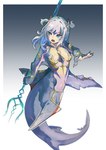 anthro anthrofied blue_body blue_eyes blue_skin claws fangs female hair melee_weapon open_mouth pigtails polearm regalia scar shark_tail short_pigtails simple_background solo split_form teeth trident weapon white_body white_hair white_skin oldnight hololive hololive_en vtuber gawr_gura fish marine merfolk shark shark_merfolk 2023 hi_res