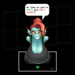 big_breasts breasts clothed clothing dialogue female grin heart_symbol huge_breasts looking_at_viewer smile solo talking_to_viewer teeth text quinnart undertale_(series) undyne fish marine 1:1 2020 english_text hi_res