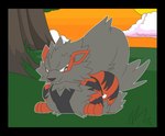 ambiguous_gender black_nose black_stripes duo feral fur grey_body grey_eyes grey_fur harness humping looking_back male male/ambiguous orange_body orange_fur outside plant size_difference smile stripes sunset trapped tree white_body white_fur nightdazed nintendo pokemon arcanine generation_1_pokemon pokemon_(species) 2d_animation animated digital_media_(artwork) frame_by_frame hi_res loop short_playtime