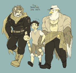 boots clothing cowboy_hat footwear group hat headgear headwear jacket leather leather_clothing leather_jacket leather_topwear male shoes tail topwear trio fuyoudo624 lifewonders tokyo_afterschool_summoners bandaid_protagonist_(tas) nomad_(tas) protagonist_(tas) thunderbird_(tas) accipitrid accipitriform avian bald_eagle bird eagle felid human mammal pantherine sea_eagle tiger hi_res