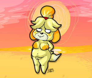 anthro areola beach big_areola female genitals nipples sand sea seaside shortstack shortstack_female slightly_chubby slightly_chubby_female solo sun sunset vulva water white_eyes dgm2k animal_crossing nintendo isabelle_(animal_crossing) canid canine canis domestic_dog mammal